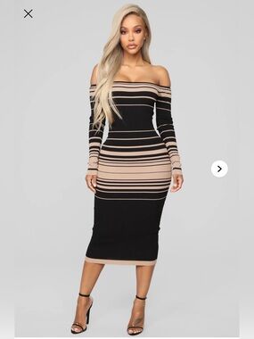 NWT Fashion Nova Off-Shoulder Black and Beige Striped Bodycon Dress